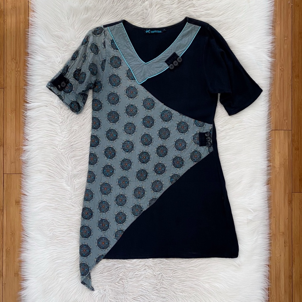 Leopards & Roses Black Blue Circle Print Art To Wear Button Dress Lagenlook